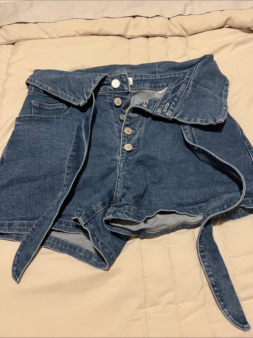 High-Rise Button-Front Denim Shorts with Waist Tie - Blue